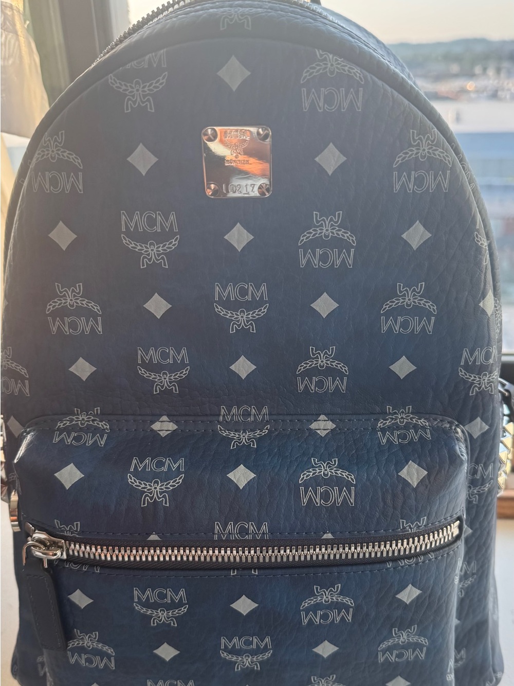 MCM Navy Monogram Leather Backpack with Silver Hardware